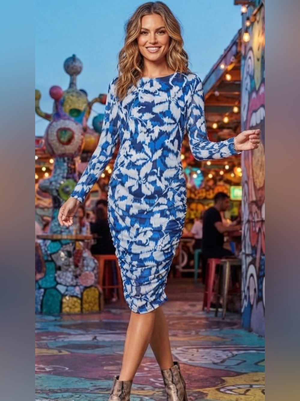 Blue & White Floral Ruched Bodycon Midi Dress | Long Sleeve Stretch